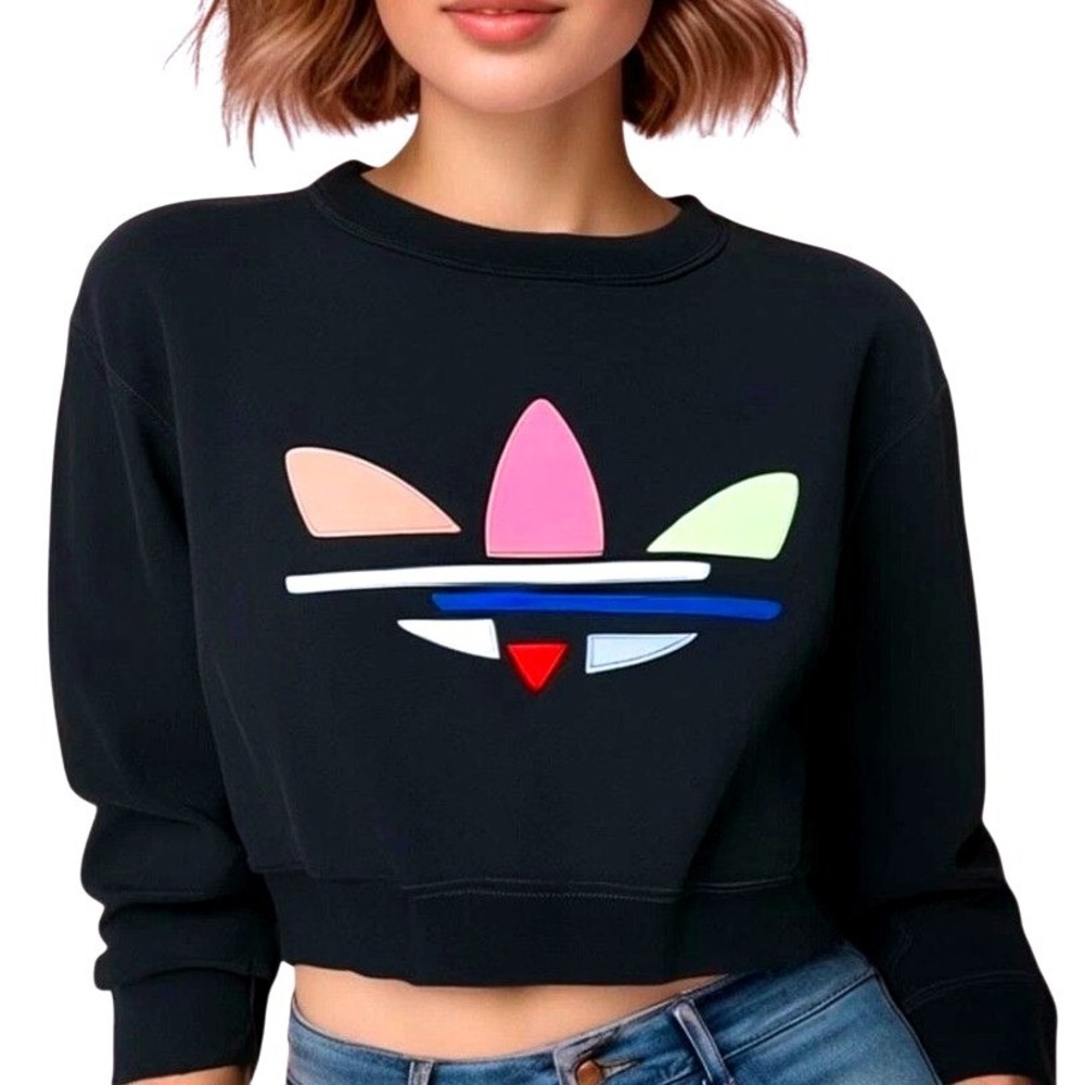 Adidas Adicolor Shattered Trefoil Cropped Sweatshirt, Black, Medium, Streetwear